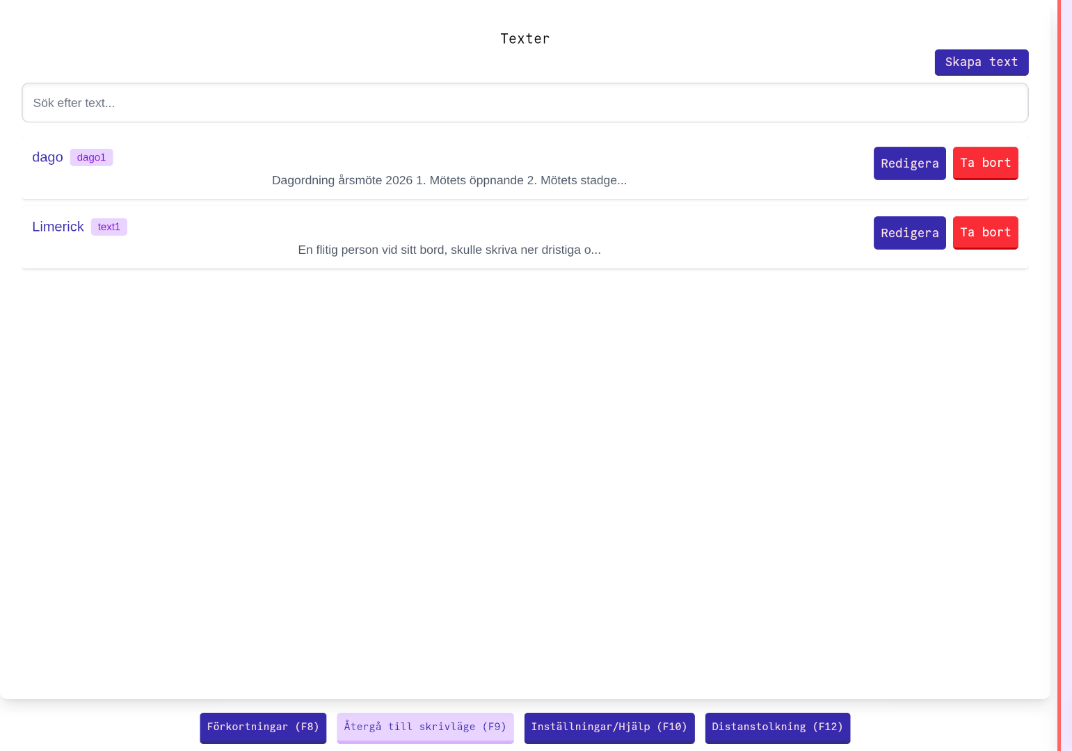 Visa förinskrivna texter